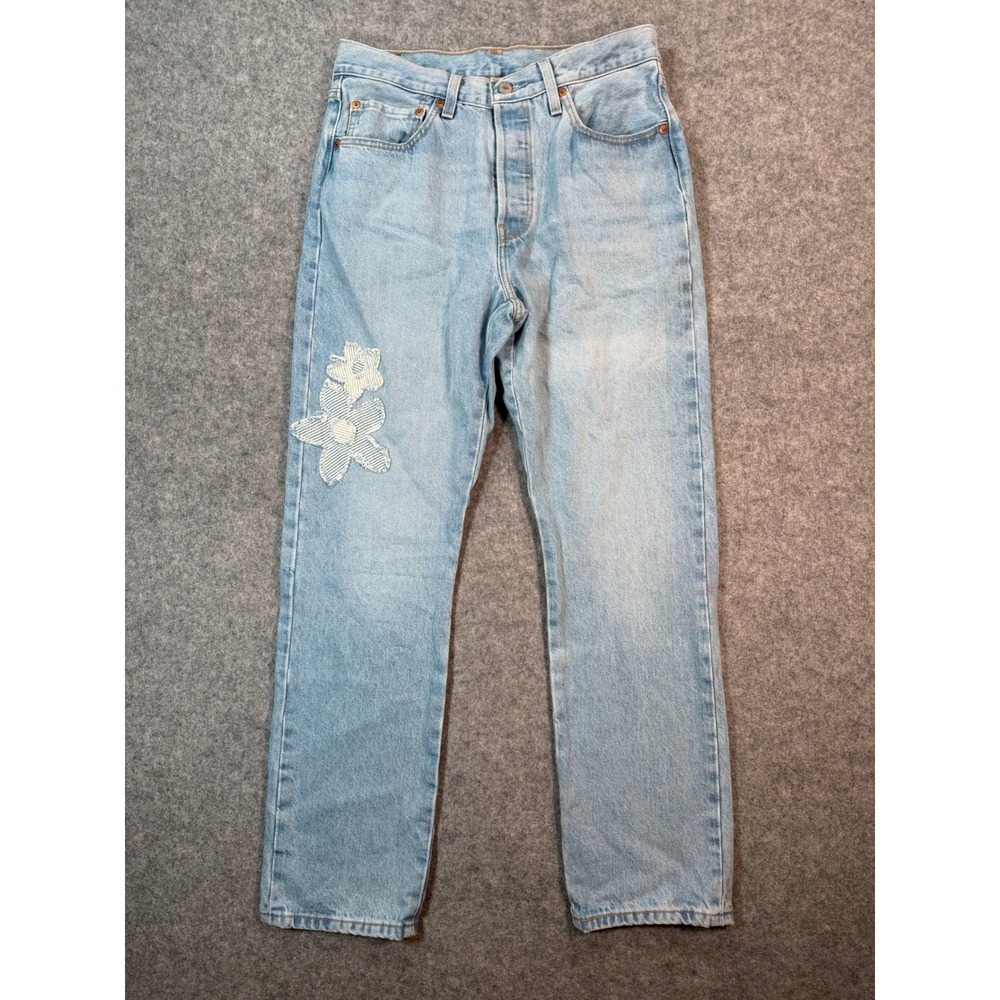 Levis 501 Original Fit Light Wash Floral Applique Straight Leg Jeans‎ W30 L30